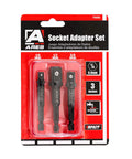 Turn Your Drill Into A High Speed Socket Driver With This Dope Three Piece Impact Grade Socket Adapter Set From ARES Featuring One Quarter Inch, Three Eighth Inch, And One Half Inch Drives And A Three Inch Reach in packaging