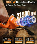 Close-up of 2 In 1 Mini Chainsaw Kit: 6 Inch And 8 Inch Cordless Electric Chainsaws showing 800W brushless motor cutting wood.