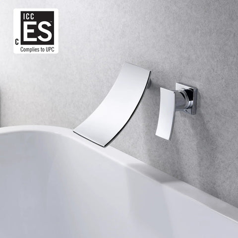 Wall Mount Bathtub Faucet With Waterfall Tub Filler, Brass Chrome Finish, ICC ES PMG certified, modern bathroom wall install