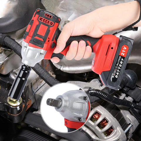 Ehozirta Cordless Impact Wrench 1/2 Inch held by hand above an engine, showcasing brushless motor and battery for tough jobs.