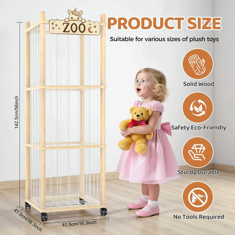 56 Inch Tall Wooden Stuffed Animal Storage Tower With Wheels next to a child holding a teddy bear, showing product size.