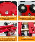 Close-up of electric trolley features including alloy frame, forged wheels, multi-mounting holes, and easy casing adjustment