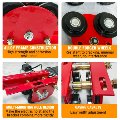 Close-up of electric trolley features including alloy frame, forged wheels, multi-mounting holes, and easy casing adjustment