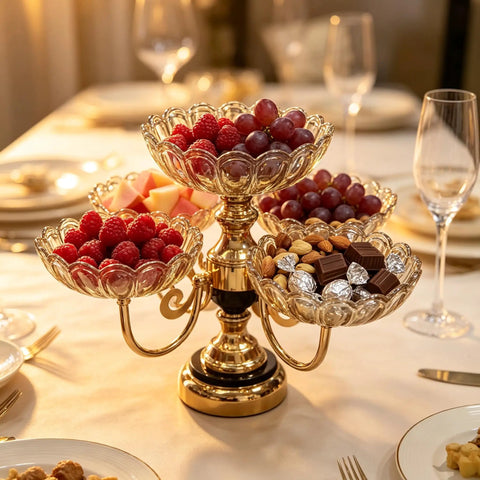 Smooth Spin Five Plate Amber Glass Serving Stand With Four Swivel Bowls And One Center Platter Gold Plated Bracket Black Crystal Details Quick Party Prep Head Turning Dessert Tray Decor filled with fruits and snacks.