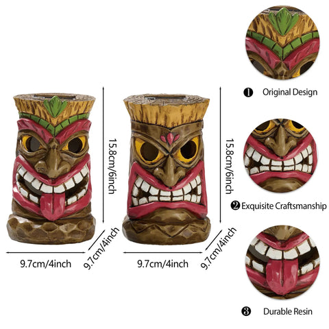 Tiki Head Garden Decor With Solar Outdoor Light Set Of 2 Tropical Hawaiian Resin Yard Sculptures Tiki Torch Statues For Patio Or Lawn Colorful Outdoor Decor Great Holiday Gift 6 Inches, front view with detailed design.