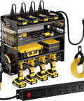 Power Tool Organizer Wall Mount With Charging Station And 8 Outlet Power Strip Pro Grade Heavy Duty Metal Tool Rack With Cordless Drill Holder And Battery Storage For Garage 6.56 Ft Cord.