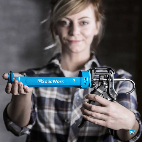 Drip Free Caulk Gun With Ergonomic Steel Handle, Fits One Tenth Gallon Cartridges, Adjustable 24 To 1 Or 12 To 1 Thrust, Blue