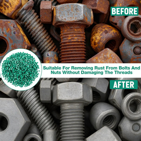Before and after of rusty nuts and bolts; Green triangle abrasive pellets for rust busting resin tumbler media shown
