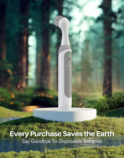 Rechargeable Cordless Grout Scrub Brush Kit With Built In Battery, IPX7 Waterproof Power Scrubber in forest setting
