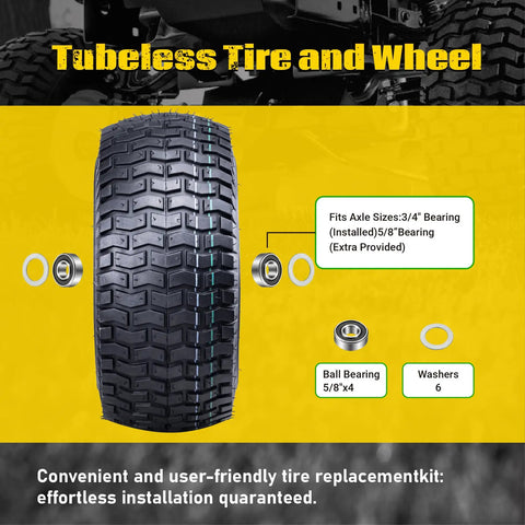 Two Pack 15x6.00-6 Tubeless Front Tire And Wheel Set For John Deere Riding Mowers With 3/4 In Bearings And 5/8 In Extras, 3 In Offset Hub, 4-Ply Heavy-Duty, Fits 100 And 300 Series tire with 3/4 in bearing and 5/8 in extra