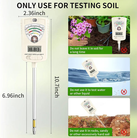 7 In 1 Soil Test Kit For Home Gardeners And Lawn Care With Moisture, pH, Temperature, Sunlight, Humidity And Fertility Meter, Built In 1.6 Inch Sensor, One Button Mode Switch For Easy Indoor Outdoor Plant Diagnostics; 10.7-inch probe