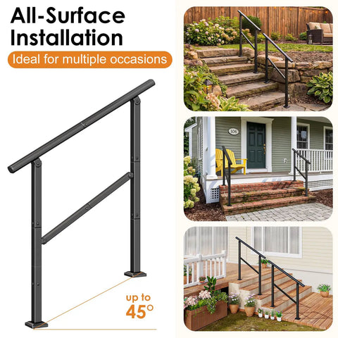 Heavy Duty Outdoor Hand Rail For 2 To 3 Steps Black Iron Style Stair Railing For Concrete Brick Wood Stairs Rock Solid Hold Tight Safety Rail For Seniors And Kids Easy Install Porch Deck Garden shown in various settings with adjustable angle