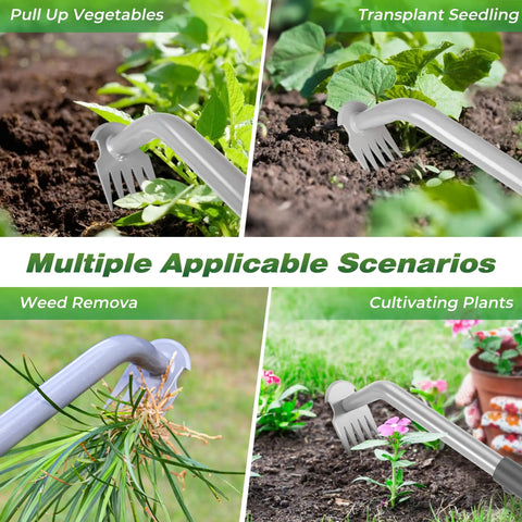 Ultra Durable Manganese Steel Weed Puller Tool with Five Tine Head for multiple garden tasks including weeding and planting.