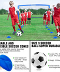 Image of kids playing with Two Pop Up Kids Soccer Goals For Backyard Practice Set 6x4 Ft And 4x3 Ft, using cones for drills.