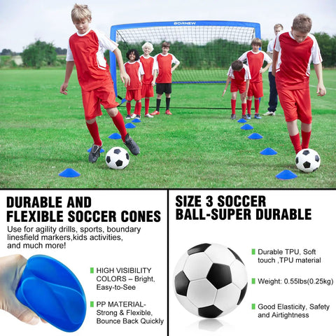 Image of kids playing with Two Pop Up Kids Soccer Goals For Backyard Practice Set 6x4 Ft And 4x3 Ft, using cones for drills.
