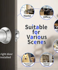 Keyless Entry Door Knob With Keypad For Home And Office, No Fuss Setup Electronic Code Lock With Auto Lock In 3 Seconds, Child Proof Interior Door Handle For Bedroom, Garage, Apartment, And More with suitability for various scenes like home, office, garage, and apartment shown as circuar images on page.
