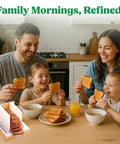 Family enjoying breakfast with No Fuss Bread Slicer For Homemade Loaves With 3 Adjustable Widths And 3 Slice Thickness Settings visible.