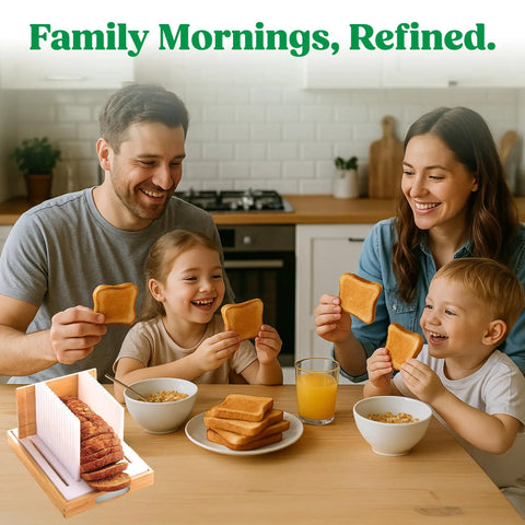 Family enjoying breakfast with No Fuss Bread Slicer For Homemade Loaves With 3 Adjustable Widths And 3 Slice Thickness Settings visible.