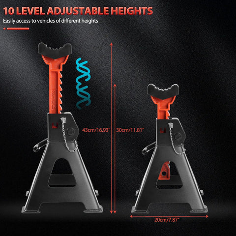 Car jack stands pair, adjustable 11.22–16.54 in, orange steel with black saddle, safety pin and chain