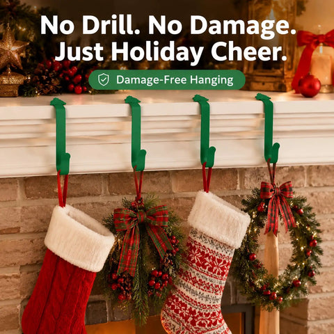 Heavy Duty Christmas Adhesive Wall Hooks For Stockings And Garland Damage Free Clear Sticky Holders With Chill Out Setup For Sweet Grip Mantel Holiday Decoration with red stockings and a festive wreath