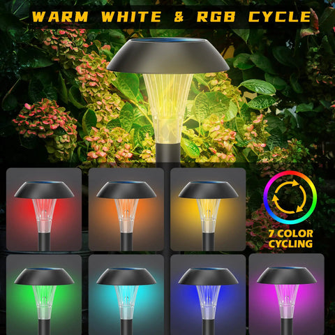 Solar Pathway Lights 12 Pack Outdoor Waterproof Landscape Lighting showing warm white and RGB color modes in garden setting