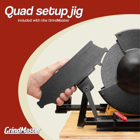 Lathe Tool Sharpening Jig With Quad Setup And Two Setup Blocks For 8 Inch Grinders in hand next to a grinder.