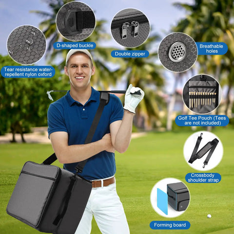 Man on golf course carrying Two Layer Golf Trunk Organizer For Car And SUV With Shoe Compartment And Dividers Waterproof Golf Gear Bag For Men And All Your Golf Accessories Storage On The Go