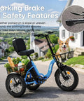 All Day Electric Trike For Adults With 70 Mile Range, 48V 15.6Ah Battery, 1200W Peak Brushless Motor, 18 MPH Top Speed, Smooth Ride For Commutes And Easy Errands. Blue electric adult trike with parking brake, front basket and rear cargo basket