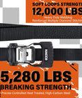 Heavy Duty Ratchet Straps With Padded Handle 5280 Lb Break Strength One Point Six Inch Wide Tie Down Straps S Hook And Soft Loop Eight Feet For UTV Motorcycle Truck Cargo Secure Built Tough And Easy To Use.