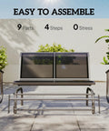 Assembly of Two Person Outdoor Glider Bench Swing Loveseat with powder-coated steel frame and quick-dry sling fabric, black.