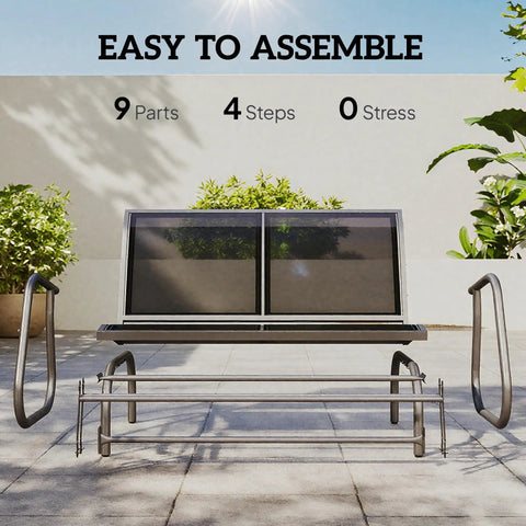 Assembly of Two Person Outdoor Glider Bench Swing Loveseat with powder-coated steel frame and quick-dry sling fabric, black.