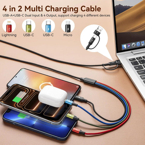 4 In 2 Dual USB C Cable Charger Set for all devices with USB C Lightning and Micro USB connectors charging multiple devices.