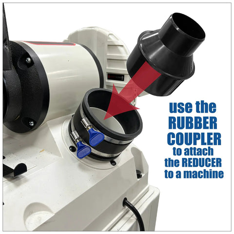 4 Inch To 2-1/2 Inch Dust Collection Reducer With Flexible Rubber Cuff attached to machine showing connection process