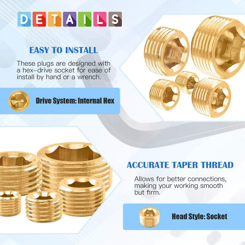 Brass Pipe Plug Fitting Set, 30 Pieces, NPT Male Plugs In One Eighth Inch, Internal Hex Thread, installation details