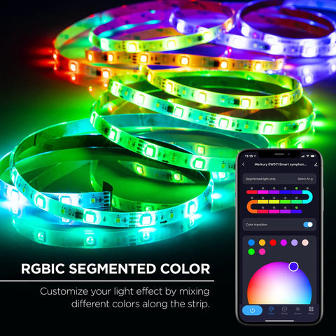 Indoor Outdoor RGBIC Smart WiFi LED Strip With Voice Control And Music Sync, 16.4 Feet, Multi Color LED Tape Lights, app interface visible