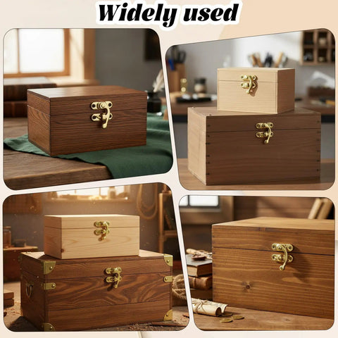 Hella Smooth Swing Arm Latches For Jewelry Boxes Top Shelf Antique Gold Clasps on various wooden boxes, showcasing versatile use.