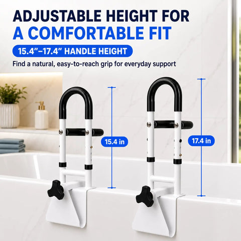 Heavy Duty Bathroom Safety Grab Rail For Seniors With No Fuss Snaps Right Onto 3.4 To 6.6 Inch Walls Rust Resistant Steel Bar Keeping You Secure Without Drilling Trouble adjustable height from 15.4 to 17.4 inches