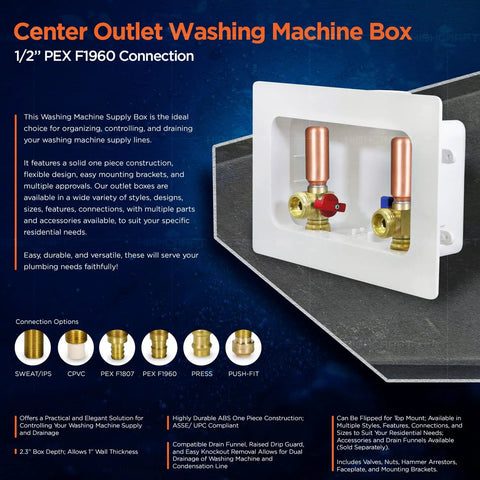 Heavy Duty ABS One Piece Washer Box With Brass Water Hammer Arrestor, Center Drain, And Half Inch PEX Expansion Connection.
