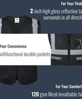Rock Solid High Visibility Security Vest Crafted For Day Shift Crews With Full Zipper Front Five Spacious Pockets And Bright Reflective Tape That Keeps You Clearly Visible Meets Ansi Safety Rules In Jet Black Xl showing detailed features and design.