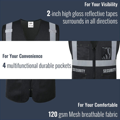 Rock Solid High Visibility Security Vest Crafted For Day Shift Crews With Full Zipper Front Five Spacious Pockets And Bright Reflective Tape That Keeps You Clearly Visible Meets Ansi Safety Rules In Jet Black Xl showing detailed features and design.