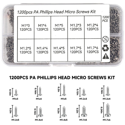 Heavy Hitter 1200 Pcs Mini Screw Assortment Kit Includes M1 Through M1.7 Stainless Steel Self Tapping Micro Screws And Precision Tweezers For Hassle Free Tech Repairs in organized tray.