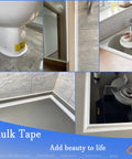 TOUSEA white waterproof caulk tape; self-adhesive sealant strip for bathroom, toilet and kitchen fixtures (collage).