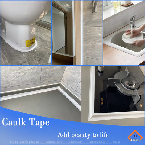 TOUSEA white waterproof caulk tape; self-adhesive sealant strip for bathroom, toilet and kitchen fixtures (collage).