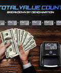 Hands holding USD bills next to a Portable Counterfeit Money Detector With UV IR MG Scan Auto 4 Way Bill Check And Value Counting For USD And EUR.