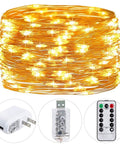 Plug In Fairy Lights 33ft 100 LED Twinkle String Lights With Remote Timer 8 Modes Perfect For Bedroom Christmas Patio Wedding Party And Indoor Outdoor Decor USB Or Included Power Adapter, coiled string with plug, USB and remote control shown