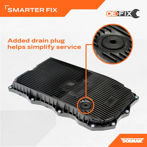 Transmission Pan With Drain Plug Gasket And Bolts OE Fix 265-850 Replacement Filter 265-850F with close-up of drain plug