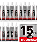 15 tubes of B-7000 glue with label showing 15ml size, Clear Nail Glue With Precision Tip For Rhinestones And Nail Art, Jewelry Making, DIY Crafts, Makeup And Shoes, Bedazzling Glue For Quick Bond, Fast Dry In About 3 Minutes With Full Cure In 24 To 48 Hours, 15 pieces on display with packaging label included.