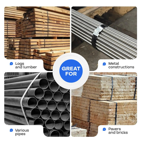 Beefed-Up Heavy Duty Steel Strapping Kit With 3/4 Inch By 300 Foot Coil, 1700 Lbs Break Strength, securing lumber and pipes