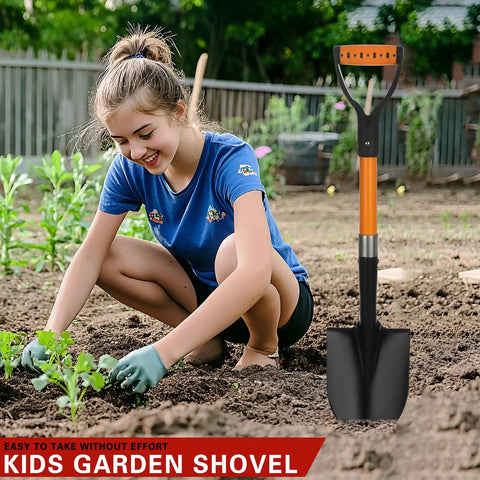 28 Inch Mini Garden Shovel with Fiberglass Handle and D Grip, Lightweight Alloy Steel Head for Kids in a garden setting