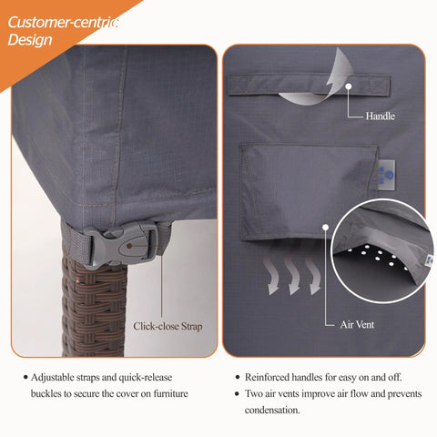 Close-up of Extra Large Patio Furniture Cover Set For Outdoor Table And Sofa Sectional showing strap and air vent design.